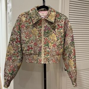 Kimchi Blue Vintage Floral Tapestry Cropped Bomber Jacket